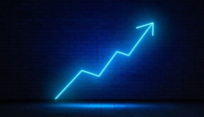 Neon glowing upward graph with rising arrow on dark reflective surface, futuristic financial growth concept, vibrant blue and pink lights, success and progress visualization.