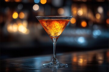 A close-up of a cocktail in a martini glass. The drink has a rich amber color and is set against a blurred background of warm lights.