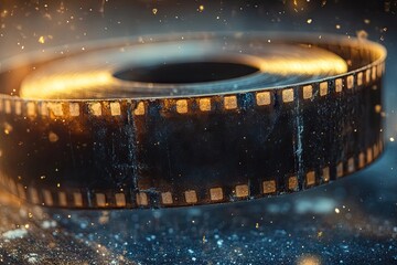 A vintage film reel with a dark background and glowing sparks. The reel is circular with visible film strip holes and a textured surface.