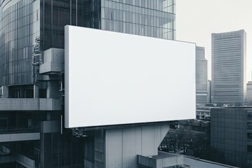 A large blank billboard mounted on a modern building in an urban setting. The scene features skyscrapers and a clear sky.