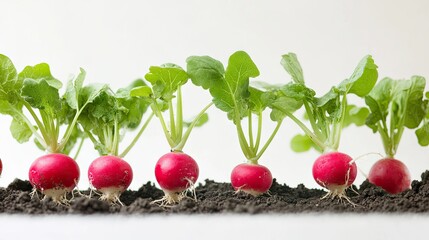 Fresh red radishes growing in soil, showcasing vibrant green leaves and round roots. Ideal for gardening and healthy eating concepts.