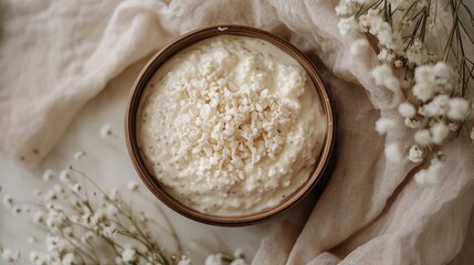 A bowl of creamy cottage cheese sits on a light fabric background, surrounded by delicate white flowers. The scene conveys a sense of freshness and simplicity.