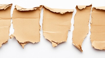 Torn pieces of brown cardboard arranged in a row. The texture is rough and uneven, showcasing the natural color and fibers of the material.