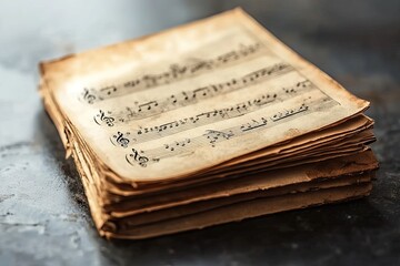 A stack of aged, yellowed music sheets with handwritten notes. The sheets are slightly curled and show signs of wear, resting on a dark surface.
