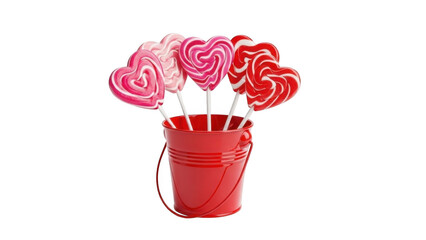 Colorful heart-shaped lollipops in a red bucket