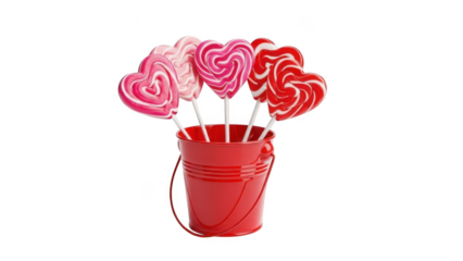 Colorful heart-shaped lollipops in a red bucket