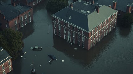 Aerial view of a flooded urban area with a large brick building partially submerged in water. Debris and vehicles are scattered in the flooded streets.