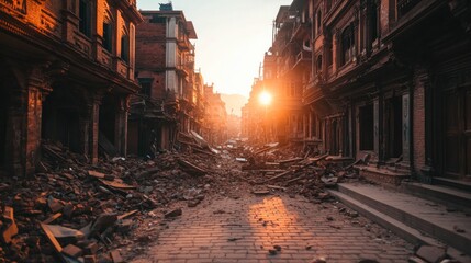 Desolate street after an earthquake, with rubble scattered across the ground. The sun sets in the background, casting an orange glow over the damaged buildings.