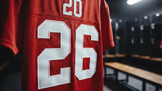 Close-up of orange football jersey with number 26 in locker room