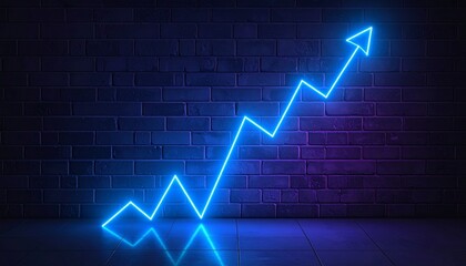 Neon glowing upward graph with rising arrow on dark reflective surface, futuristic financial growth concept, vibrant blue and pink lights, success and progress visualization.