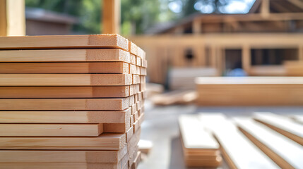 Stacked lumber at a construction site: natural wood planks, ready to build dreams. Soft light enhances the texture of raw materials. Creating the future, one plank at a time.