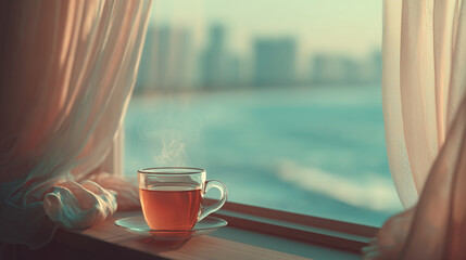 Calm morning tea in a transparent glass cup on a windowsill with soft city and sea view, minimalist cozy lifestyle scene with natural light for wellness concepts, relaxation banners, blogs and editori