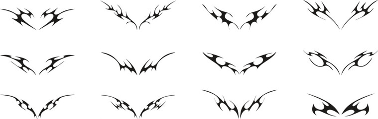 Tribal wing silhouettes form a sharp decorative emblem set. Symmetrical spiked shapes add a dark fantasy and tattoo style aesthetic. Ideal for logos badges gothic art and edgy designs. © Sk