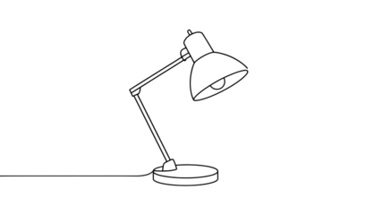 Desk lamp in minimalist line art style with soft black lines on white background for modern office decor