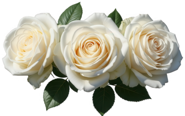 Three exquisitely formed, creamy white roses with tightly spiraled petals and vibrant green foliage gracefully arranged in a naturalistic cluster, illuminated by, isolated on transparent background.