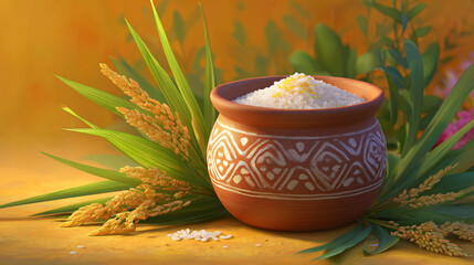 Traditional pongal clay pot filled with white rice and fresh harvest grains, symbolic south indian festival food concept with rural atmosphere for banners, cultural celebrations, posters and seasonal