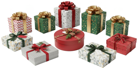 A vibrant collection of meticulously wrapped gift boxes in various sizes and shapes, featuring festive patterns like red and green stripes, shimmering gold, isolated on transparent background.