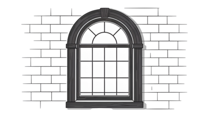 Arched window with grid pattern in black frame on white brick wall in grayscale illustration for architectural design
