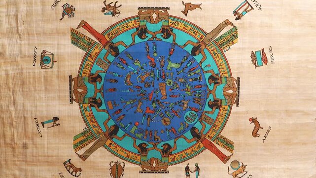 Ancient Egyptian zodiac on papyrus, Dendera Temple ceiling replica, circular astronomical chart with hieroglyphs, deities, constellations, colorful traditional art, historical artifact. Zoom in.
