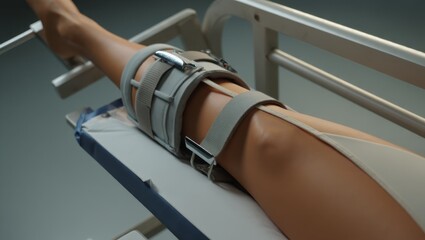 Clinical recovery scene of patient in leg traction with orthopedic support, calm hospital light