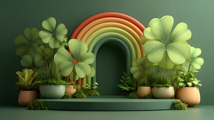 St patrick day podium display with shamrock clover leaves and rainbow on green background. Holiday celebration product showcase platform with copy space for text