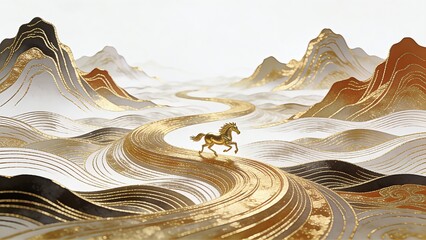 Golden Chinese Ink Landscape with Running Horse