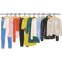 Colorful T Shirts on Hangers, Clothing Rack Display, Fashion Retail Concept, Multicolor Apparel Collection, Isolated on Black Background