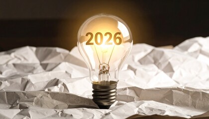 Glowing light bulb with “2026” inside, floating above abstract low-poly landscape, warm sunrise tones, futuristic concept, innovation and new year vision, cinematic atmosphere.
