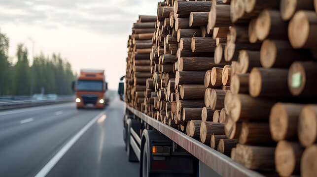 Logging truck carries a full load of cut logs on highway, another truck is seen behind it, trees and sky on the background, shot in motion and from an interesting angle.