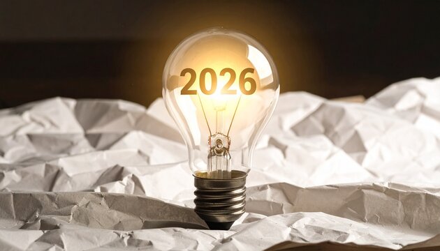 Glowing light bulb with “2026” inside, floating above abstract low-poly landscape, warm sunrise tones, futuristic concept, innovation and new year vision, cinematic atmosphere. - Powered by Adobe