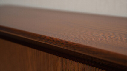 Close up of brown wooden table edge with dark trim