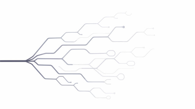 Circuit board pathways diverging from a single line into multiple complex connections on a white background