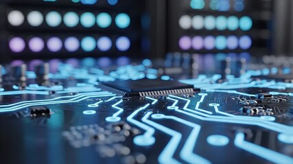 Futuristic circuit board with a central microchip glows in vibrant blue light representing advanced technology data processing and innovation for digital backgrounds - Powered by Adobe