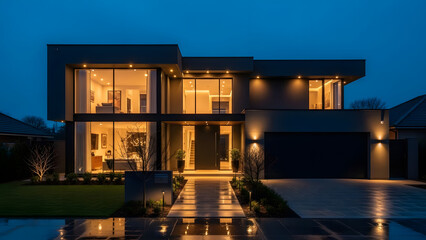 Modern luxury house at night with warm interior lighting