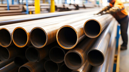 Stacked metal pipes showcase industrial strength and precision engineering.  A worker ensures quality, highlighting the blend of human skill with manufacturing process.