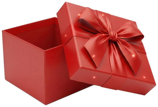 A vibrant, glossy, rectangular red gift box crafted from a smooth, satin-like material, partially open with a large, elegantly tied satin bow adorning the top,, isolated on transparent background. - Powered by Adobe