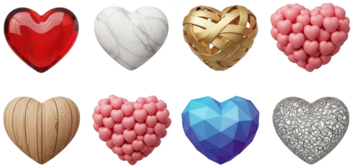 A collection of intricately designed, three-dimensional heart-shaped objects showcasing diverse materials like glossy red glass, veined white marble, woven, isolated on transparent background.