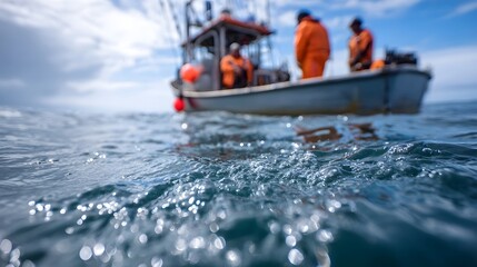Obraz premium Crew in orange working on a fishing boat with sunlit choppy ocean water in the foreground