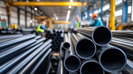 A large warehouse filled with stacks of shiny, cylindrical metal pipes, ready for distribution. Workers wearing safety gear can be seen in the background operating machinery.
