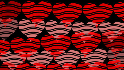 Red and pink hearts with wavy black stripes against a dark background suitable for romantic occasions