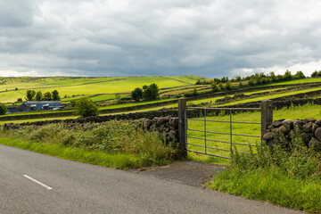 Fototapeta premium a classical panoramic view over irelands landscape with vibrant green agriculture fields and old farmhouses under a dramatic sky