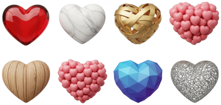 A collection of intricately designed, three-dimensional heart-shaped objects showcasing diverse materials like glossy red glass, veined white marble, woven, isolated on transparent background. - Powered by Adobe