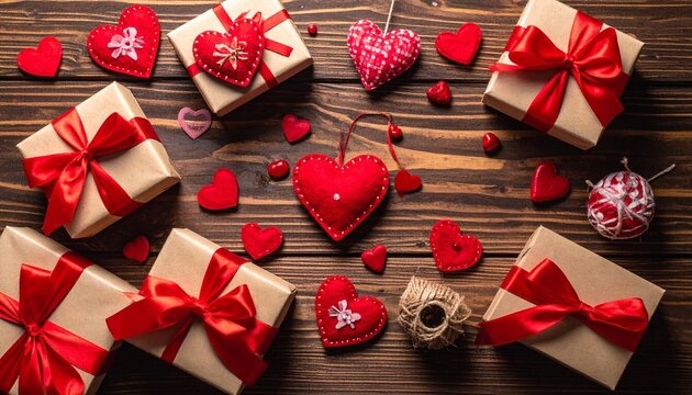 Valentine’s Day flat lay with fabric hearts and gift boxes on rustic wooden surface. - Powered by Adobe