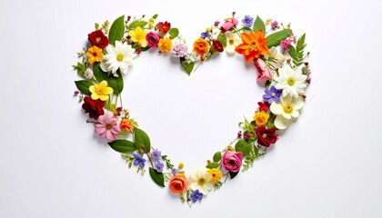 Naklejka premium Heart shape made of colorful flowers and green leaves on white background in romantic flat lay.
