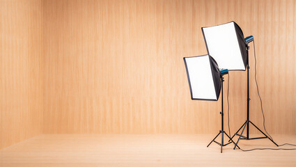 Softbox lights on stands in a photography studio