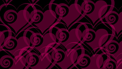 Deep magenta heart shapes layered over a solid black backdrop creating a romantic visual texture background.