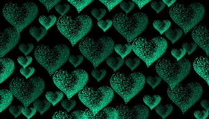 Seamless repeating pattern featuring numerous bright teal digital hearts composed of glowing particles set against a solid black background illustrating love and romance.