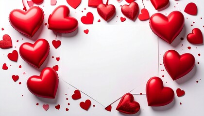 Valentine’s Day composition with red hearts, satin ribbon, and festive round ornament on pink background.