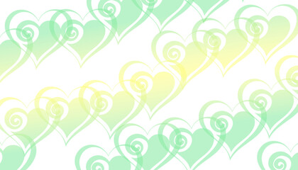 Delicate abstract background featuring a repeating pattern of translucent over layer hearts with stylized swirls set against a bright white canvas creating a gentle romantic texture.