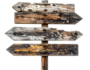 Weathered wooden directional sign post pointing left. 3 arrows attached. Black background